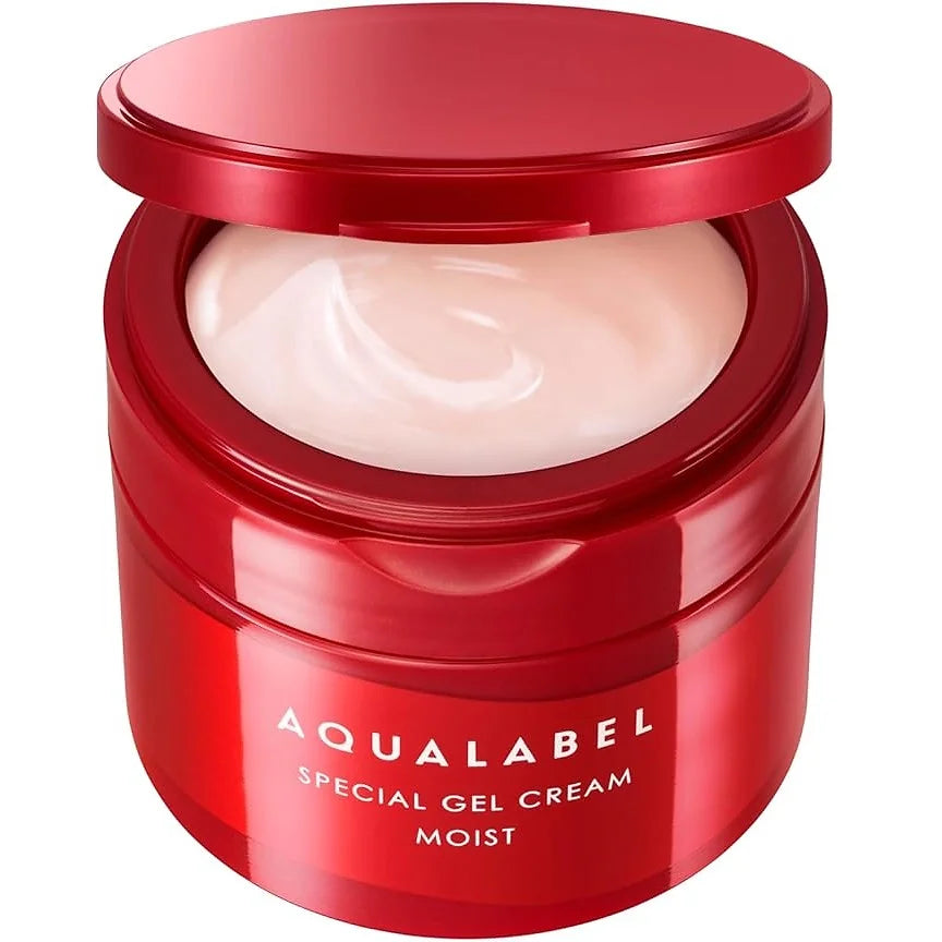 The Aqua Label Special Gel Cream (Moist) is a luxurious 5-in-1 all-in-one gel that functions as a lotion, emulsion, cream, serum, and mask — all in a single step.