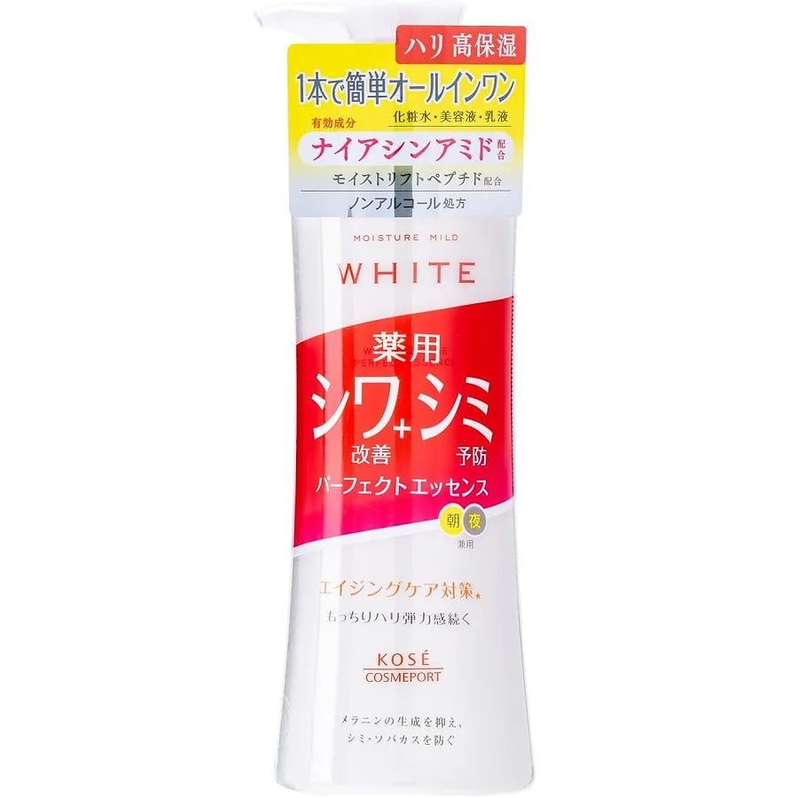 The Moisture Mild White Wrinkle Care Perfect Essence is a 3-in-1 medicated all-in-one essence designed to target wrinkles, brighten the skin, and deliver long-lasting moisture. 