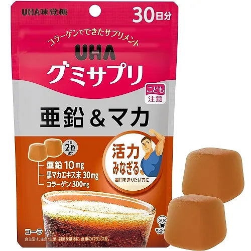 UHA Mikakuto Gummy Supplement Zinc & Maca is a Japanese gummy-style supplement designed for adults looking to support their daily zinc intake while enjoying a delicious cola flavor.