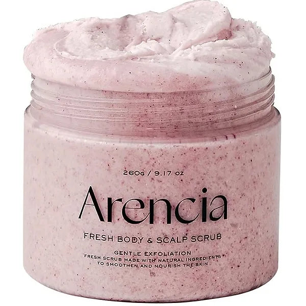 The Arencia Fresh Body & Scalp Scrub is a gentle, plant-based scrub designed to smooth, exfoliate, and refresh both skin and scalp.