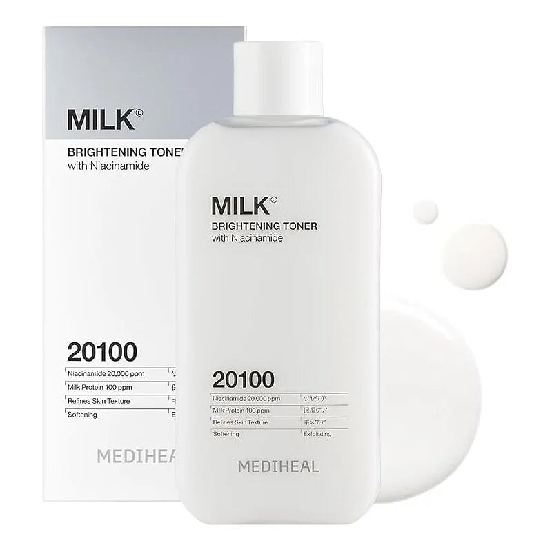 MEDIHEAL Milk Brightening Toner is a large-capacity hydrating toner formulated with the brand’s proprietary Milk Bright Complex.