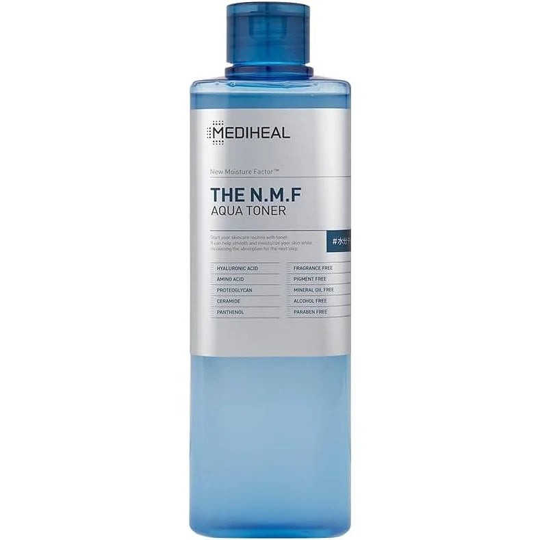 MEDIHEAL The N.M.F Aqua Toner Lotion is a deep-hydrating Korean toner designed to replenish moisture and prepare the skin for the rest of your skincare routine.