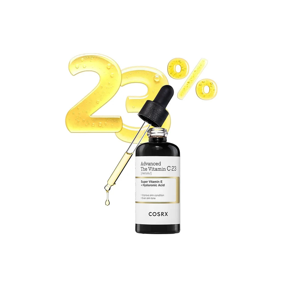 COSRX Vitamin C23 Serum (2nd Generation) is a high-potency brightening serum formulated with 23% pure L-Ascorbic Acid (raw Vitamin C) to visibly improve dullness, uneven skin tone, enlarged pores, and loss of firmness.