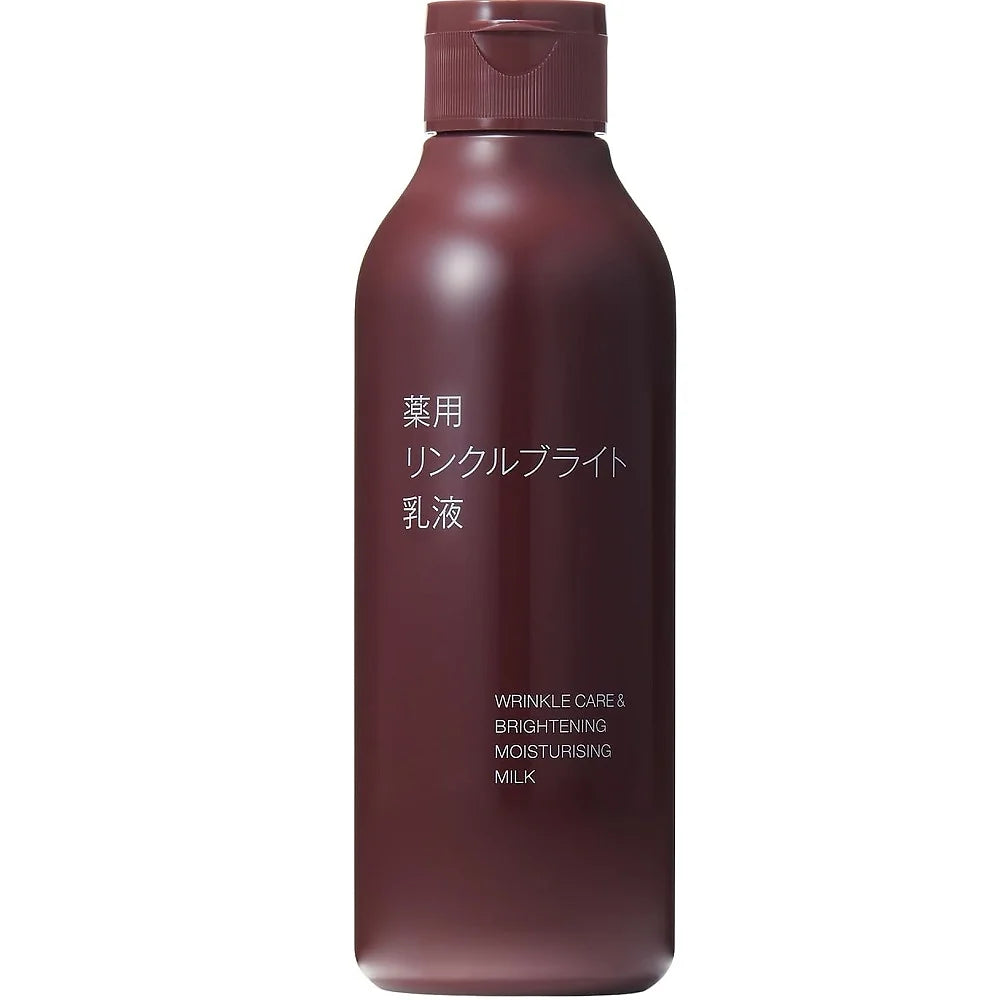 The MUJI Medicated Wrinkle Bright Milky Lotion is a highly moisturizing, anti-aging skin milk designed to brighten the complexion, prevent dark spots, and visibly improve wrinkles.