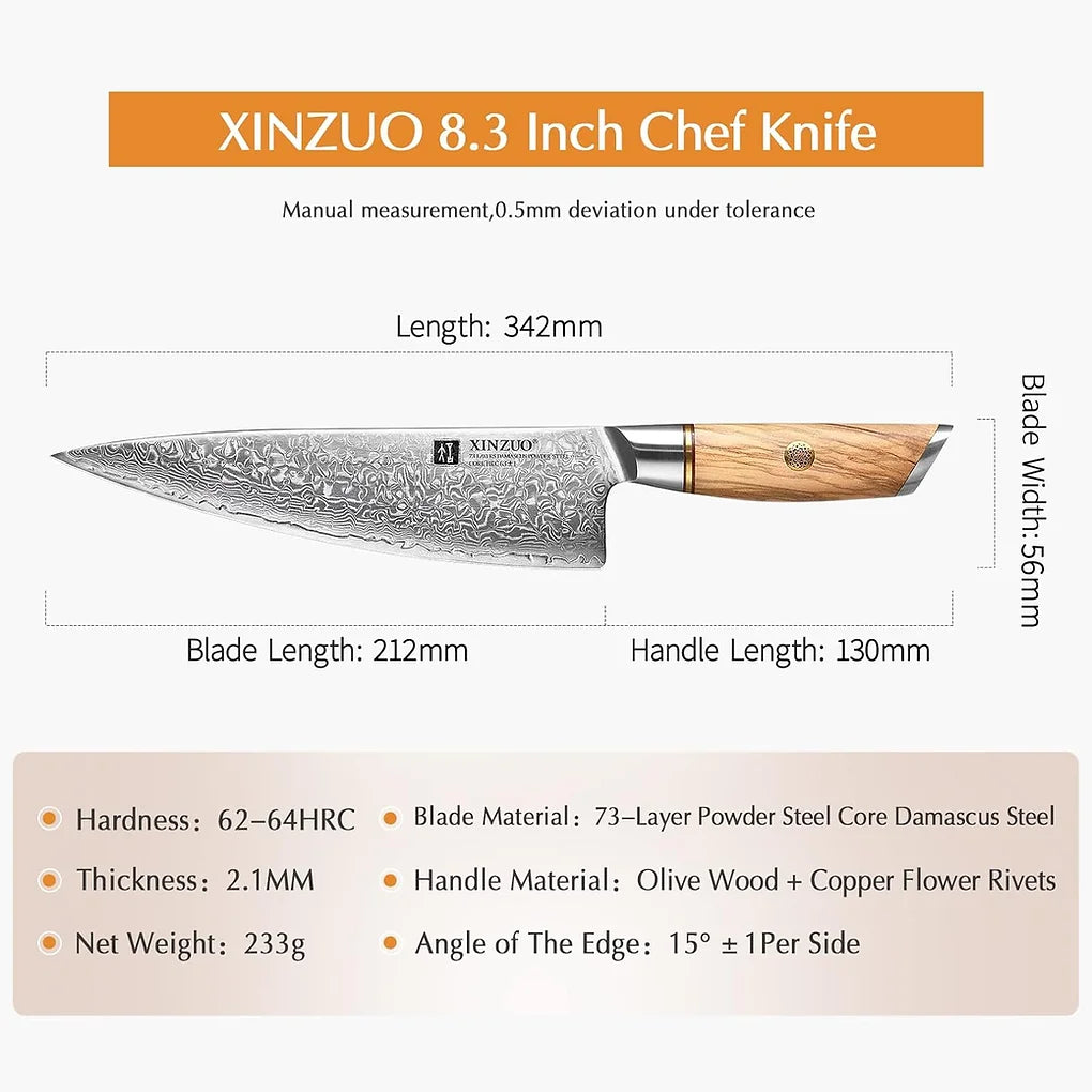 XINZUO  18.2/19/21.2cm/7.2 Chef Knife 73 Layer Damascus Milled Steel