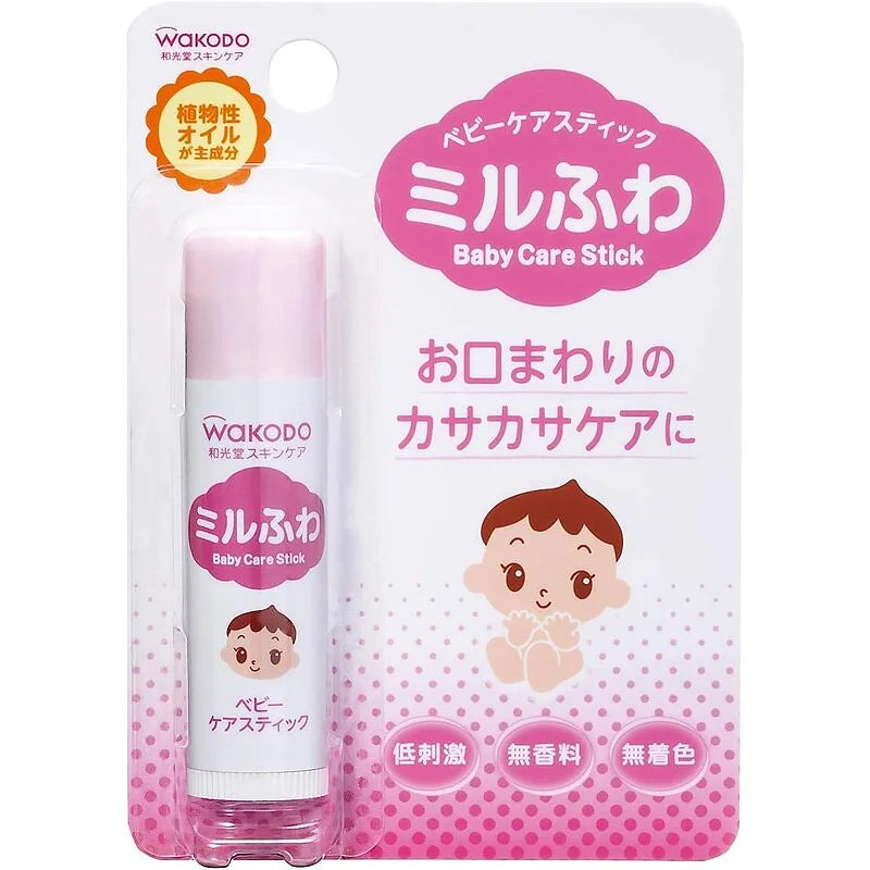 The Wakodo Milfua Baby Care Stick is a convenient moisturizing skincare stick designed to protect delicate baby skin from dryness.