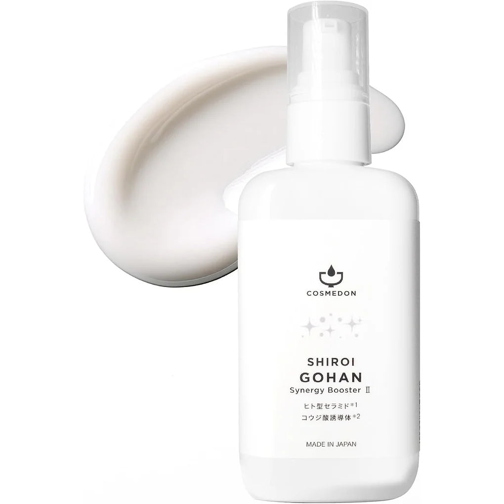 Cosmedon Shiroi Gohan Synergy Booster II is a Japanese all-in-one gel cream designed as a multifunctional skincare base.