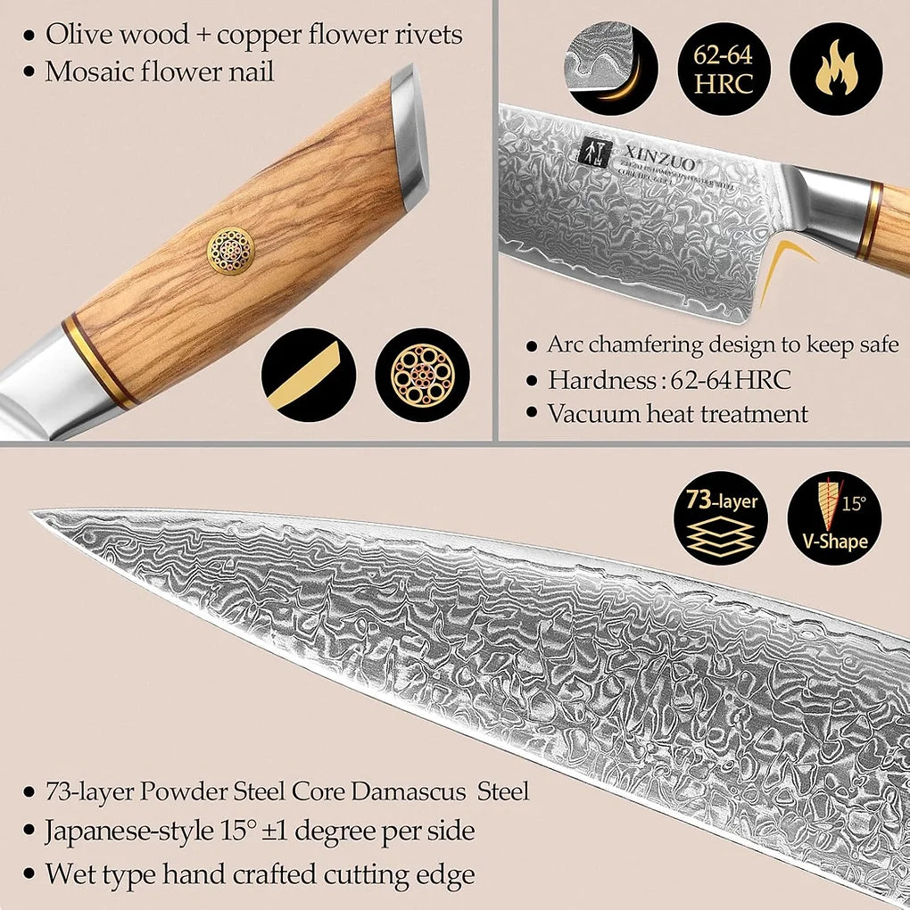 XINZUO  18.2/19/21.2cm/7.2 Chef Knife 73 Layer Damascus Milled Steel