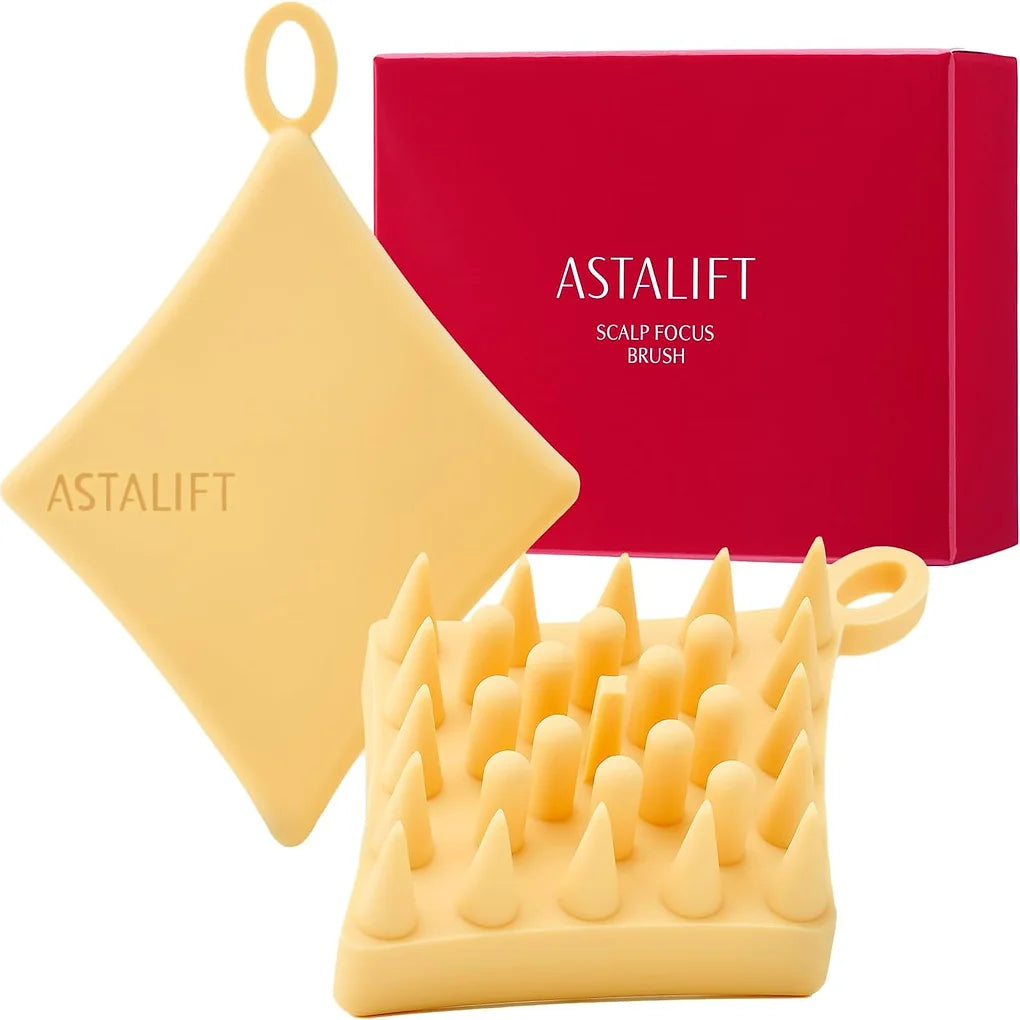 The ASTALIFT Scalp Focus Brush is a premium silicone scalp massage and shampoo brush designed to promote a healthy scalp and hair from the roots.