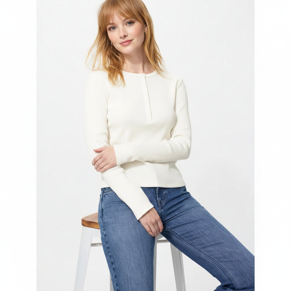 U Ribbed Henley Neck T-Shirt / Long Sleeve 487908 Japan best brand