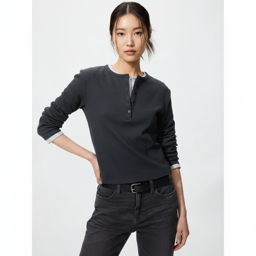 U Ribbed Henley Neck T-Shirt / Long Sleeve 487908 Japan best brand
