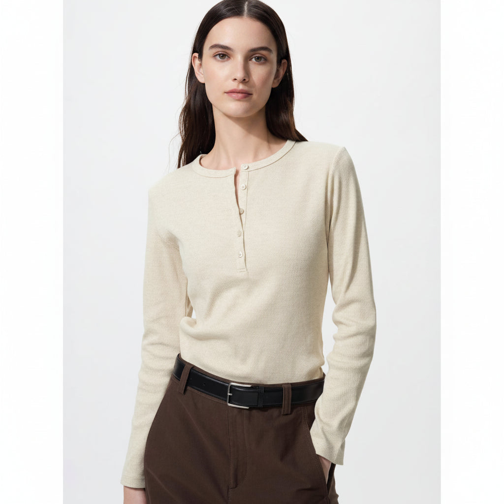 U Ribbed Henley Neck T-Shirt / Long Sleeve 487908 Japan best brand