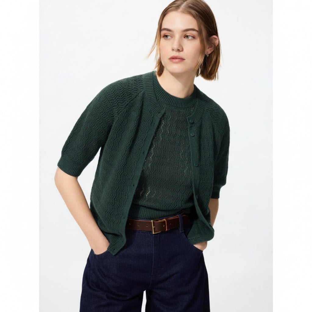 Linen U Crew Neck Cardigan / 5-Sleeve 487355 Japan best brand