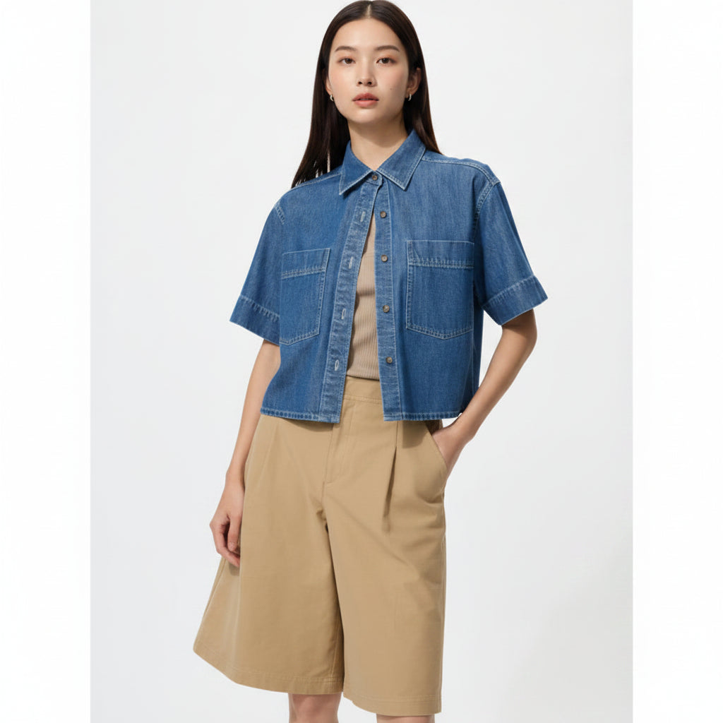 UniQlo Denim Boxy Shirt / 5-Sleeve 483877 Japan best brand