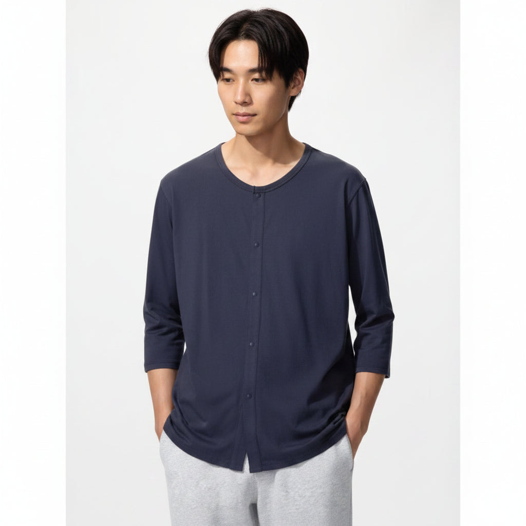U AIRism Front-Opening Crew Neck T-Shirt (3/4 Sleeves) 482643 Japan best brand