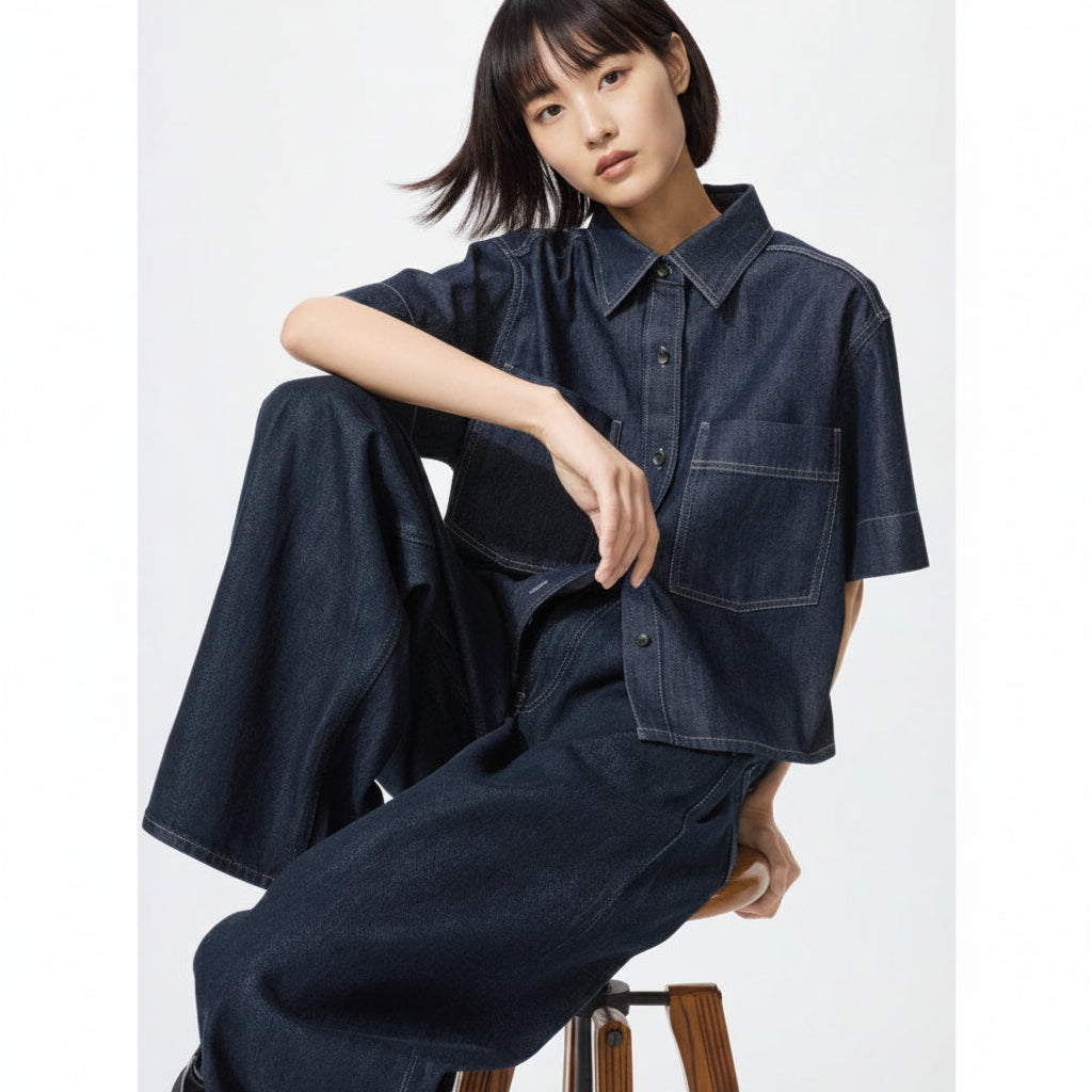 UniQlo Denim Boxy Shirt / 5-Sleeve 483877 Japan best brand